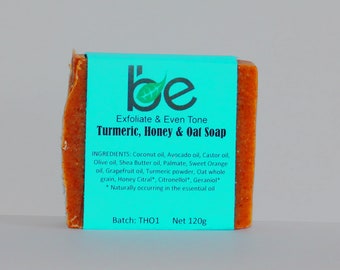 May include: A bar of turmeric, honey, and oat soap with a turquoise label that reads "be Exfoliate & Even Tone Turmeric, Honey & Oat Soap". The label also lists the ingredients and states "Batch: THO1 Net 120g".
