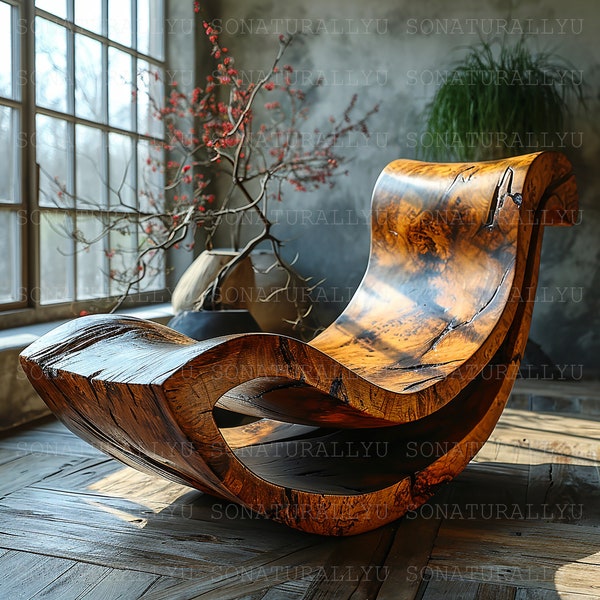 Wooden Lounge Chair, Nature, Wood Carved, Rocking Chair, Eco-friendly, Downloadable Digital AI Artwork, PNG Image