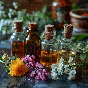 May include: Four amber glass bottles with cork stoppers filled with essential oils. The bottles are arranged on a wooden surface with a variety of flowers and greenery.