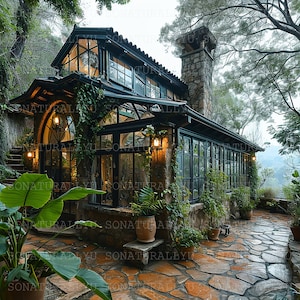 Puede incluir: Una casa de piedra con una gran adición de vidrio. La casa tiene una chimenea de piedra y está rodeada de exuberante vegetación. La adición de vidrio tiene marcos de metal negro y está llena de plantas. La casa está ubicada en un patio de piedra.