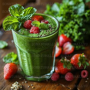 May include: A green smoothie in a glass with a green leafy background. The smoothie is topped with fresh raspberries, mint leaves, and chia seeds.