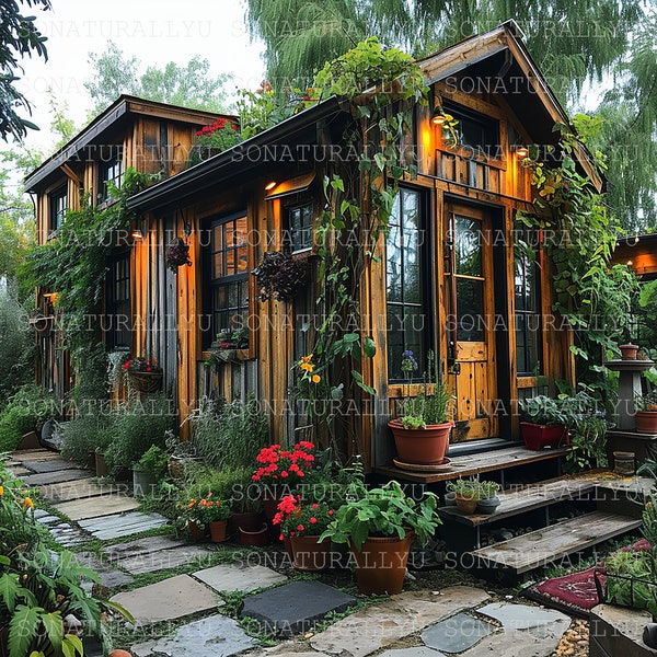 Tiny Home 01, Small House, Natural Living, Nature, Lifestyles, Eco-friendly, sustainable Downloadable Digital AI Artwork, PNG Image