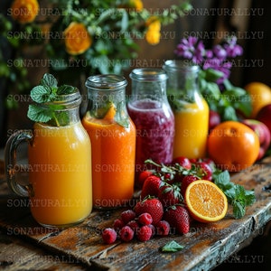 Puede incluir: Cuatro botellas de vidrio llenas de jugos de diferentes colores, incluyendo naranja, amarillo, rojo y morado. Las botellas están dispuestas sobre una mesa de madera con fruta fresca, incluyendo naranjas, fresas y frambuesas.