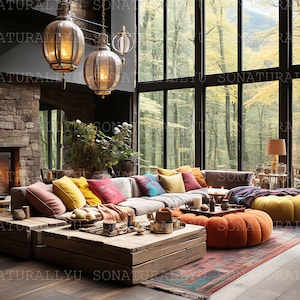 May include: A large sectional sofa with colorful pillows sits in a living room with a fireplace and large windows overlooking a forest. The room is decorated in a rustic style with wooden furniture and a rug.