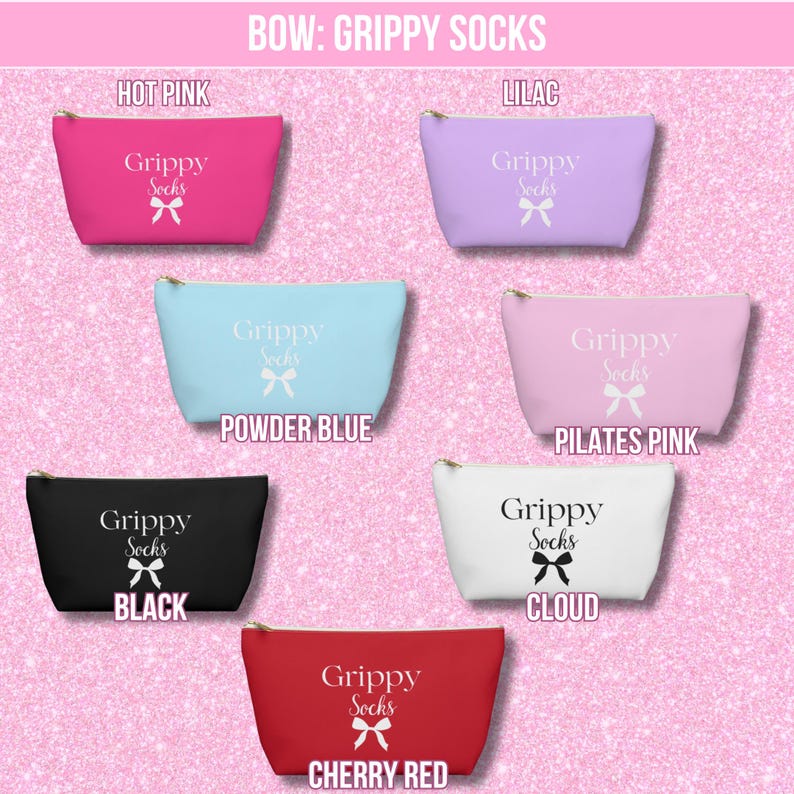 May include: Seven cosmetic bags with the text "Grippy Socks" and a bow design. The bags are in the colors hot pink, lilac, powder blue, pilates pink, black, cloud, and cherry red.