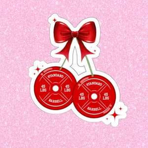 Coquette Cherry Gym Aufkleber für Wasserflasche, Girly Aufkleber für Becher, Laptop, Wand, niedlicher wasserdichter Aufkleber, 45lb-Platten-Fitnessaufkleber
