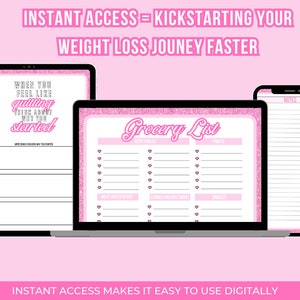 May include: A pink and white digital planner with a grocery list, notes section, and a motivational quote. The quote reads "When you feel like giving up, think about why you started".