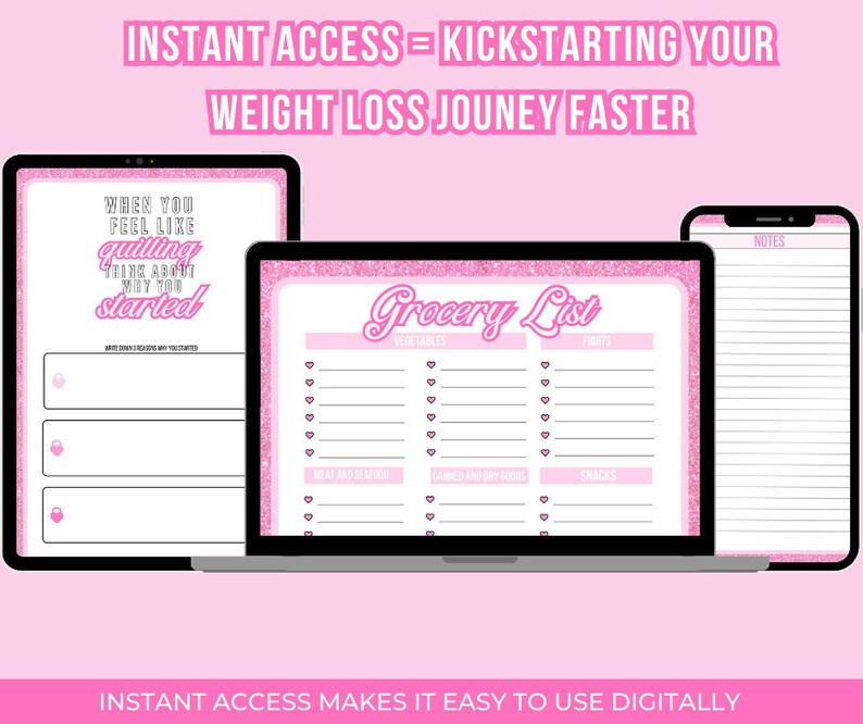 May include: A pink and white digital planner with a grocery list, notes section, and a motivational quote. The quote reads "When you feel like giving up, think about why you started".