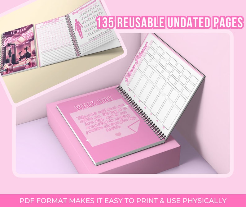 May include: Pink and white fitness planner with 135 reusable undated pages. The planner has a spiral binding and features a quote on the cover: "My past self didn't know what a difference a day, and a commitment to myself could make. Choose to make positive decisions for my health."