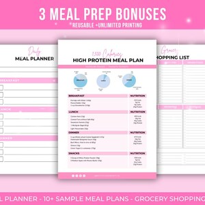 May include: Printable meal planner with a pink and white design. The planner includes a daily meal planner, a 1500 calorie high protein meal plan with sample meals, and a grocery shopping list.