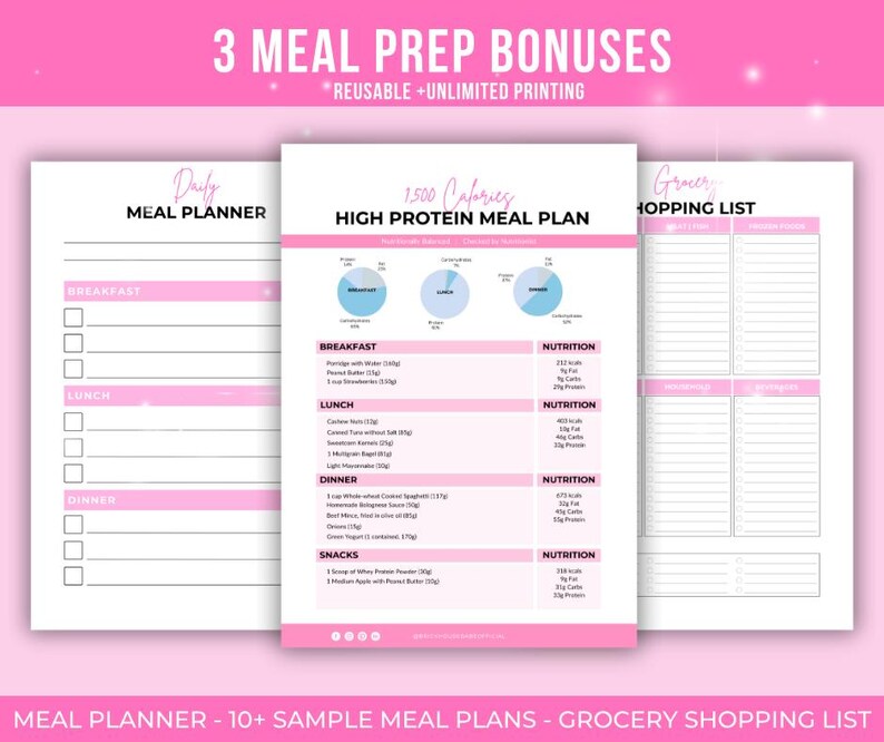 May include: Printable meal planner with a pink and white design. The planner includes a daily meal planner, a 1500 calorie high protein meal plan with sample meals, and a grocery shopping list.