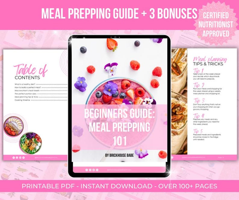 May include: A pink and white digital guide titled "Beginners Guide: Meal Prepping 101" by Brickhouse Babe. The guide includes a table of contents, meal planning tips and tricks, and over 100 pages of information. The cover features a pink smoothie bowl with berries and flowers.
