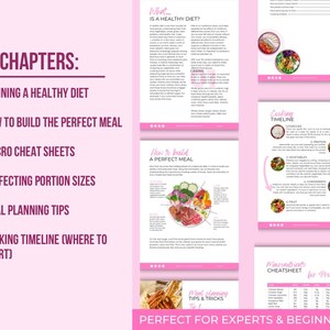 May include: A pink and white digital guide with the title "Chapters:" and a list of chapters including "Defining a Healthy Diet", "How to Build the Perfect Meal", "Macro Cheat Sheets", "Perfecting Portion Sizes", "Meal Planning Tips", and "Cooking Timeline (Where to Start)". The guide also includes images of food and a cooking timeline.