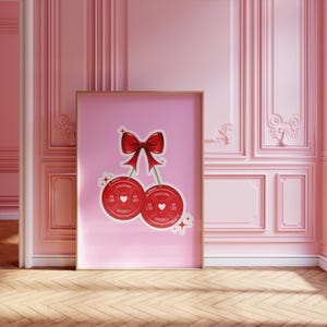 Coquette Cherry Bow Poster, Pink Girly Wall Art, Inspirational Fitness Wall Print Poster, Self Love Art, Gifts for Her, Girly Kitchen Decor