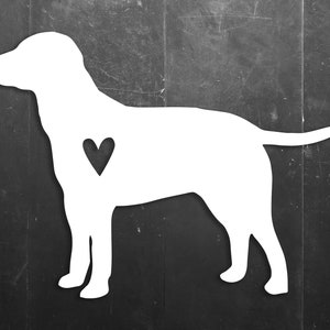 May include: A white silhouette of a dog with a heart on its chest against a black background.