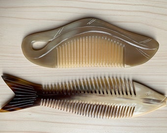 2 peines de cuerno de búfalo, peine de cuerno de búfalo, peine para hombres, peine para niñas, peine para cabello rizado, peine para barba, peine de pescado, peine artesanal