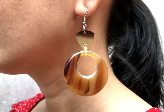 Boucles D'oreilles En Corne De Buffle Rose - Création Artisanale (handmade) | Neuf Avec étiquettes