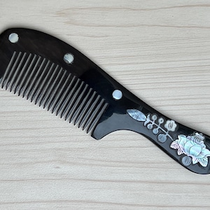 Mother of Pearl Inlaid Buffalo Horn Hair Comb: Floral Wedding Comb