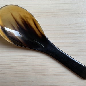 May include: A black and brown horn spoon with a rounded bowl and a long handle.