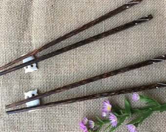 Combo 2 Pairs of Coconut Chopsticks Set with Elegant Music Note Symbols Inlaid and 2 Chopstick Rests