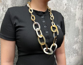 Black Buffalo Horn Chain Link Necklace - 31 Inch Statement Jewelry