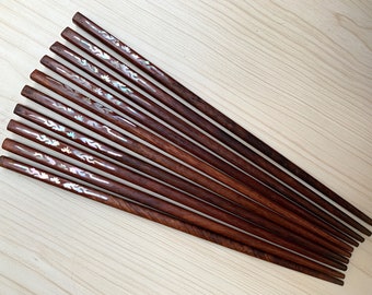 Set 5 Pairs of Rosewood Chopsticks with Mother pearl Inlaid, handmade chopsticks, Chopstick set, Natural wood chopstick