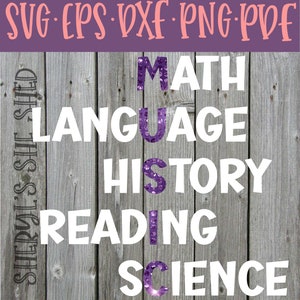 May include: Purple glitter letters spelling out "MUSIC" with the words "MATH", "LANGUAGE", "HISTORY", "READING", and "SCIENCE" written in white letters below. The background is a wood grain pattern.