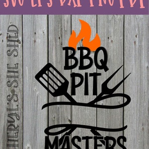 May include: Black and orange graphic design with the text "BBQ PIT MASTERS" and images of a spatula and a grilling fork.