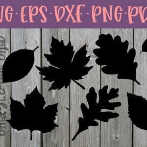 May include: A set of six black silhouette leaf shapes, including maple, oak, and other leaf types. The leaves are arranged on a woodgrain background.
