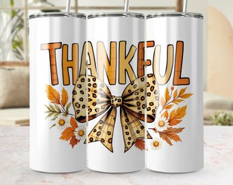 Thankful Autumn Leaves Leopard Bow Digital Tumbler Wrap