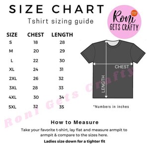 May include: A white size chart for t-shirts with chest and length measurements in inches. The chart includes sizes S to 5XL, with chest measurements from 18 to 32 inches and lengths from 28 to 35 inches. The text "Roni Gets Crafty" is in a pink circle.