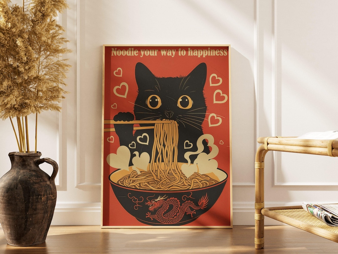 Black Cat Ramen Wall Art, Japanese Kawaii Cat Art Print, Vintage Japan ...