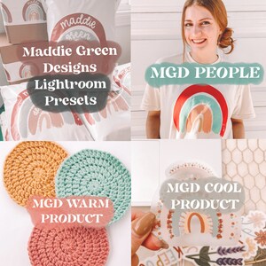 May include: A collage of images showcasing various products from Maddie Green Designs. The top left image shows a stack of white envelopes with the text "Maddie Green Designs Lightroom Presets". The top right image shows a person wearing a white t-shirt with the text "MGD PEOPLE" and a rainbow design. The bottom left image shows three crocheted coasters in warm colors with the text "MGD WARM PRODUCT". The bottom right image shows a sticker with the text "MGD COOL PRODUCT" and a rainbow design.