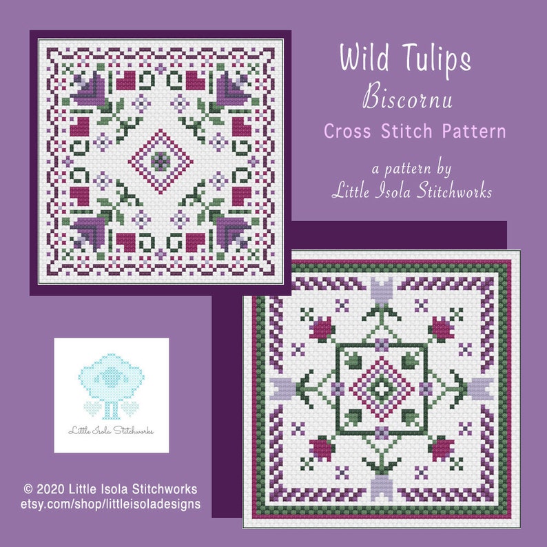 Wild Tulips Biscornu Cross Stitch Pattern PDF Pattern Only image 1