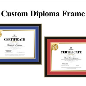May include: Two diploma frames with black, gold, and red or blue matting. The frames are empty and ready to be personalised with a diploma or certificate.
