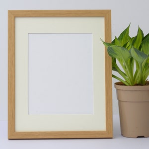 May include: A rectangular wooden picture frame with a cream-colored mat and a blank white space for a photo or artwork. A potted plant with green and yellow leaves sits to the right of the frame. The frame has a light brown color.