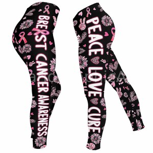 Breast Cancer Awareness Ribbon Leggings For Women. Peace Love Pattern Women Leggings Yoga Pants. Custom Gift For Her, Gift For Women