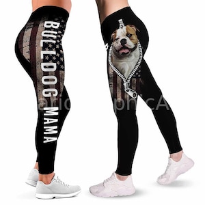 English Bulldog Leggings For Women. Zipper Flag Pattern Women Leggings. Workout Yoga Pants. Customizable Gift For Dog Lovers.