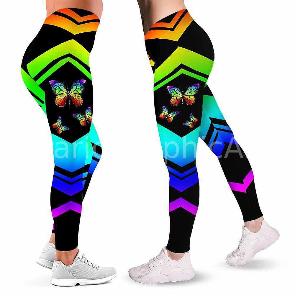 Butterfly Leggings For Women. Rainbow Butterfly Pattern Printed Leggings.  Yoga Workout Custom Women Leggings Gift For Her.