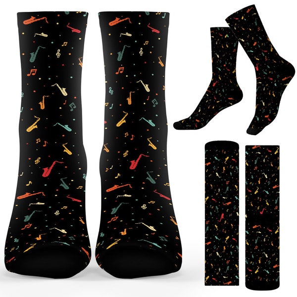 Chaussettes pour joueur de saxophone Jazz Sax. Saxophone Jazz Retro Petit motif Chaussettes imprimées douces Chaussettes décontractées. Cadeau de Noël pour femme Cadeau pour homme