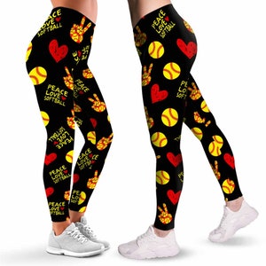Softball Leggings for Women. Peace Love Softball Pattern Printed Women  Leggings. Yoga Workout Custom Personalized Gift. 