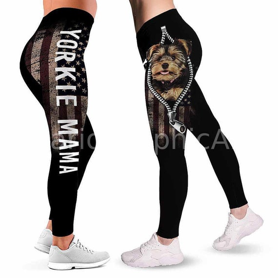Yorkie Leggings for Women. Zipper Flag 