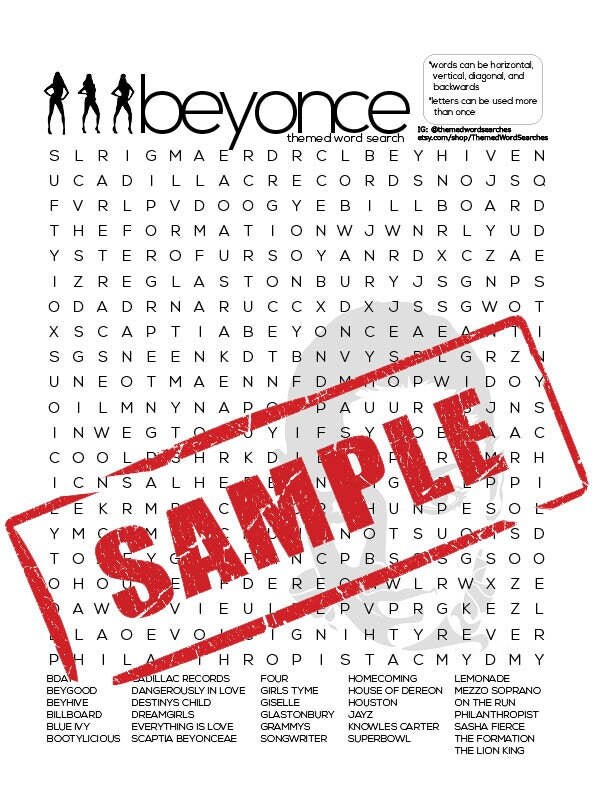 Beyonce Inspired Word Search - Instant Digital Download Game PDF ...