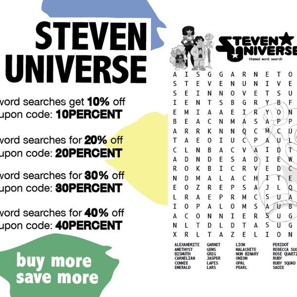 Steven Universe Inspired Word Search - Instant Digital Download Game PDF Printable Activity