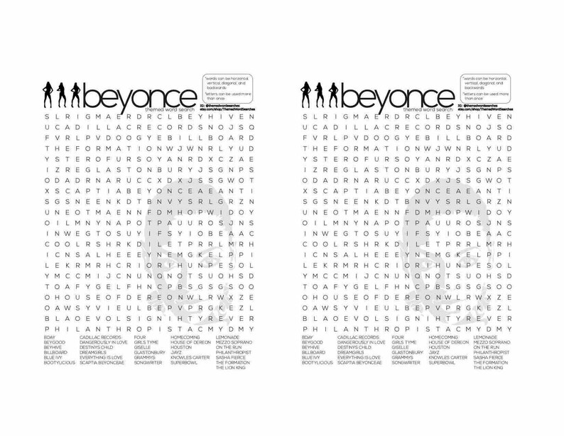 Beyonce Inspired Word Search - Instant Digital Download Game PDF ...