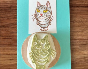 Curious Cat Rubber Stamp – Hand-Carved Sitting Cat for Cards, Journals, and Crafting