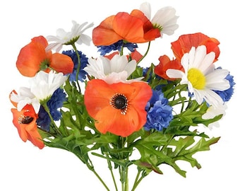 Lebendige gemischte Blumenstrauß - Künstliche rote Mohnblumen, weiße Gänseblümchen und blaue Kornblumen - 35cm
