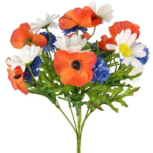Mazzo di fiori misti vivaci - papaveri rossi artificiali, margherite bianche e fiordalisi blu - 35 cm