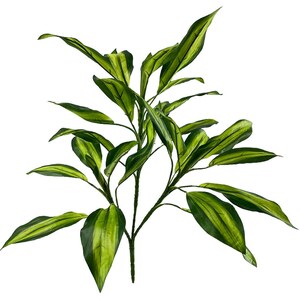 May include: Artificial plant stem with long, green leaves featuring yellow-green stripes. The leaves are broad and lance-shaped, with a glossy appearance. The stem is a dark brown color. The plant is set against a white background.