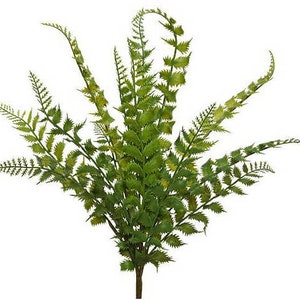 May include: A lush green artificial fern plant with multiple stems and leaves. The fern has a natural, realistic appearance.